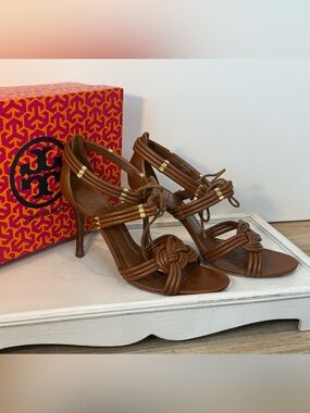 Tory Burch Tan Leather Knot-Strap High Heel Sandals